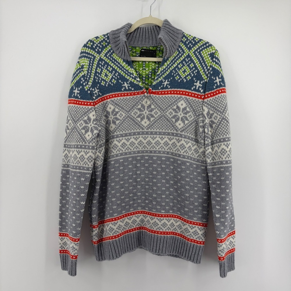 ASOS‎ DESIGN Womens M Grey Fair Isle Quarter Zip Wool Blend Sweater Geometric